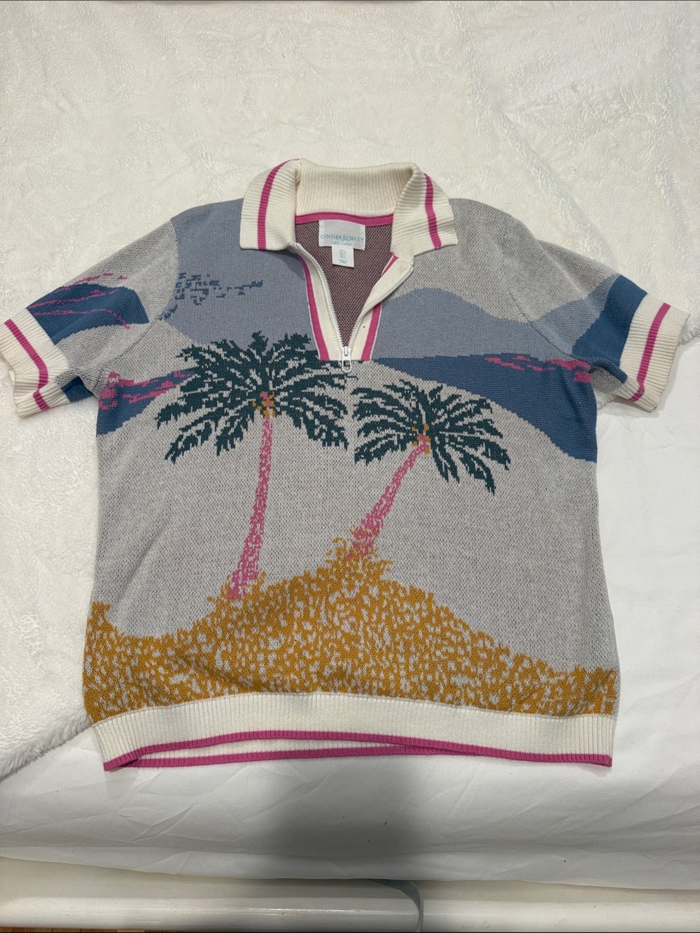 Palm-Print Short-Sleeve Knit Polo Sweater - Cream & Multi